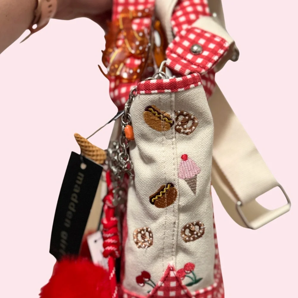 Summer Fair Madden Girl Mini Tote NWT Canvas Summer Red Gingham Cross Body Bag - Picture 3 of 12